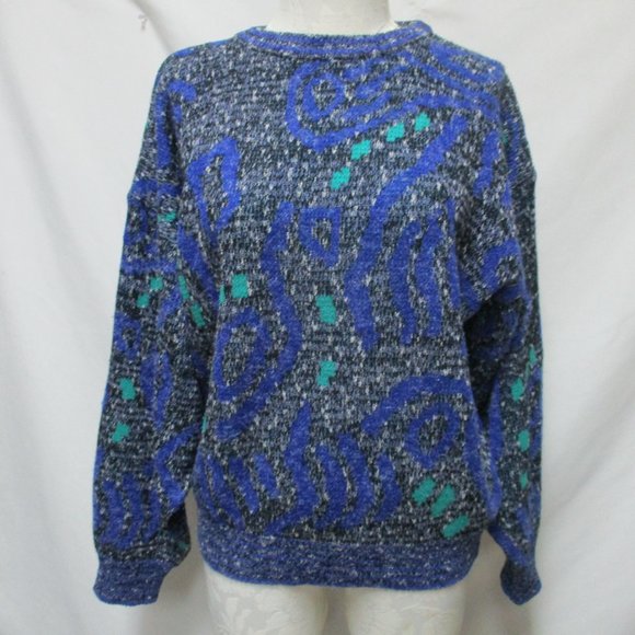 Men's Blue and Green Patterned Crewneck Sweater - Picture 2 of 12